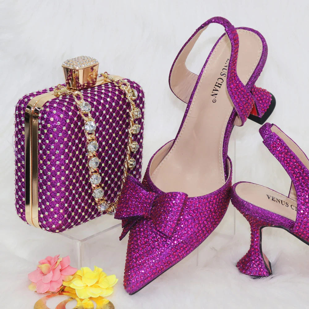 Bridal High Heels for Women 2023 Pointed Toe With Bows Gold Color Rhinestone  Elegant Party Wedding Shoe and Bag Set