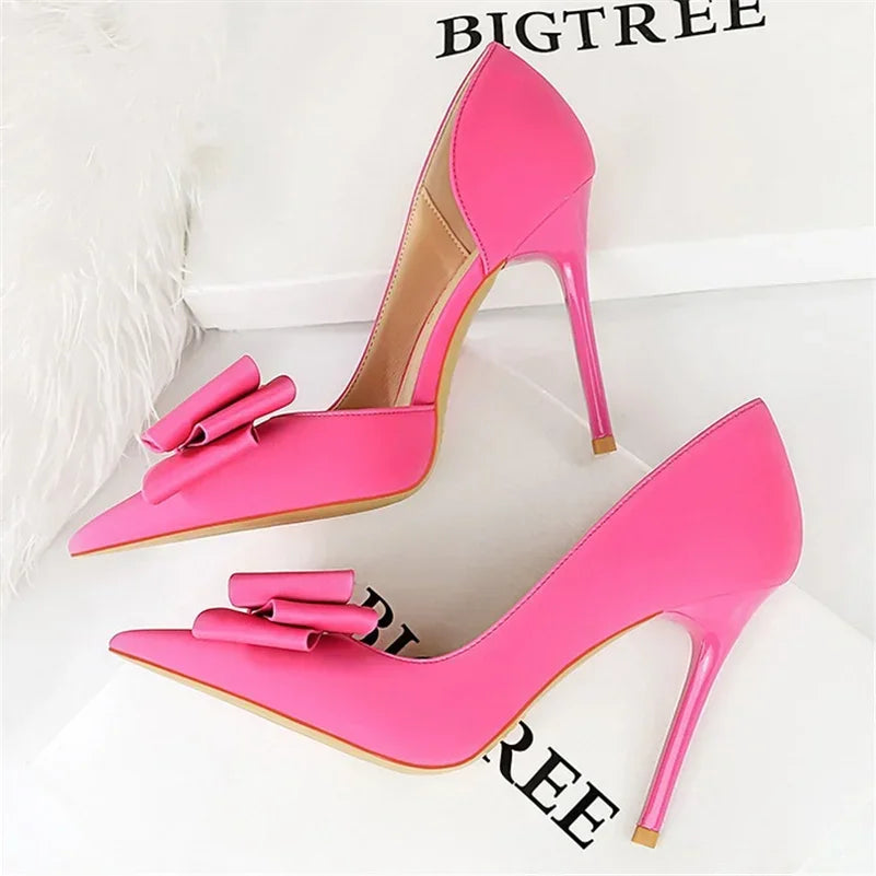 2024 Women 10.5cm High Heels Sweet Korean Side Hollow Pumps Lady Party Purple Green Kawaii Bowknot Heels Prom Silk Satin Shoes