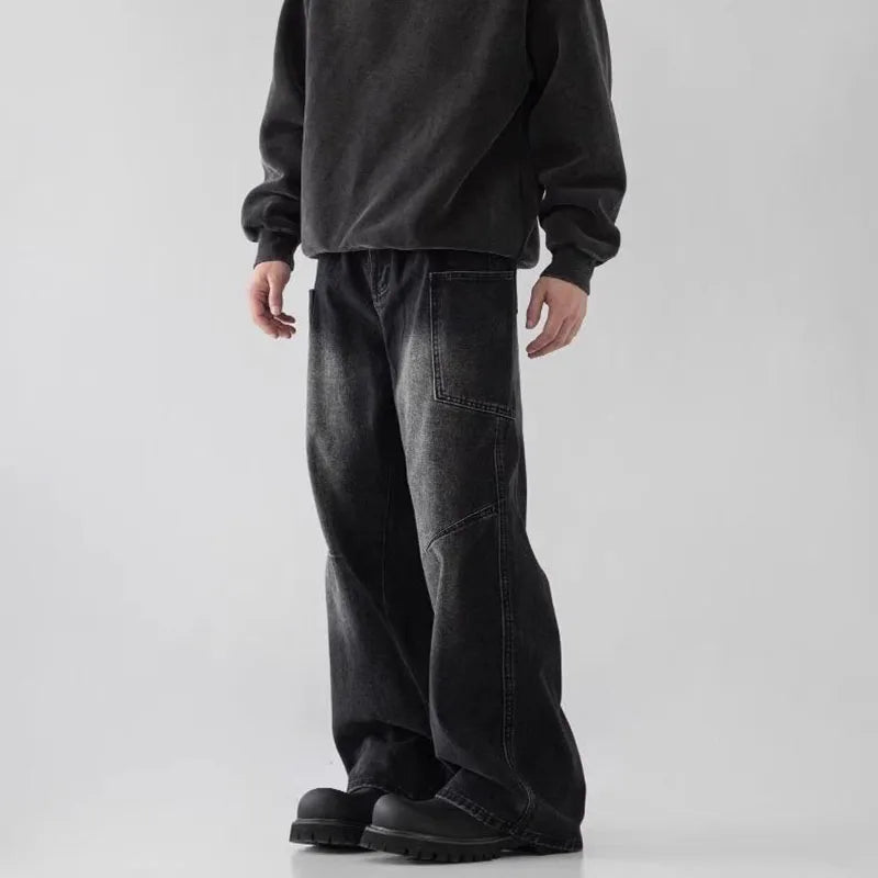 Korean Style Large Pocket Workwear Jeans Retro Blue Men'S Baggy Jeans Straight Leg Pants Casual Wide Leg Pants Casual Pants