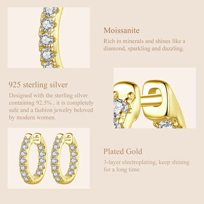 Gold Moissanite Hoop Earrings for Women, 925 Sterling Silver D Color Round Cut Lab Diamond Hypoallergenic Earrings