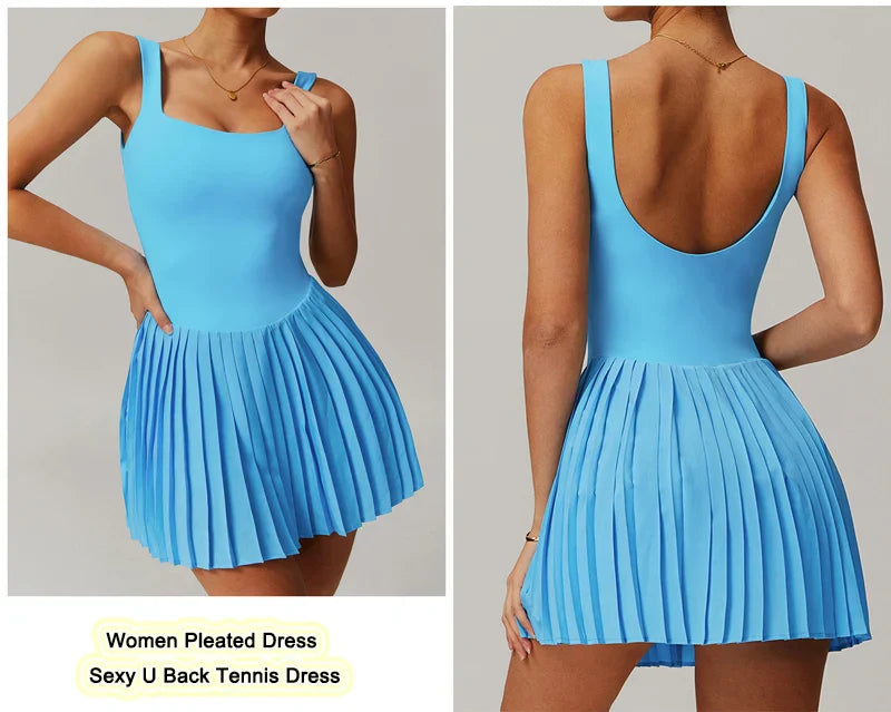 Workout Tennis Dress with Built in Shorts Square Neck Padded Workout Dress with Pockets Golf Athletic Mini Dresses