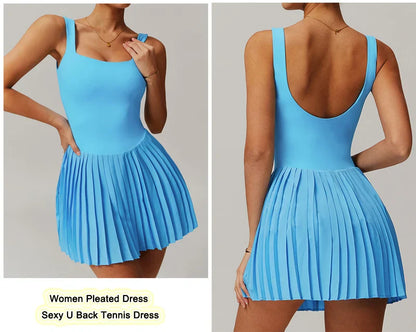 Workout Tennis Dress with Built in Shorts Square Neck Padded Workout Dress with Pockets Golf Athletic Mini Dresses