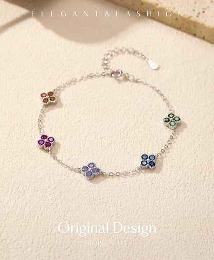 925 Sterling Silver Sweet Four Leaf Clover Colorful Zirconia Charm Fashion Stackable Bracelet For Women Fine Jewelry
