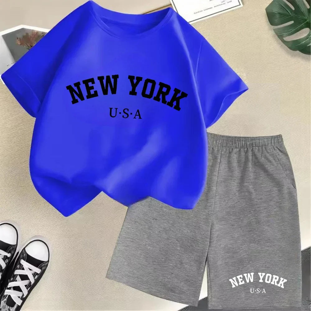 Summer Short Sleeve New York USA Letter Graphic Kid Tshirt +shorts 2pcs Set Baby Boy Girl Clothes Sport Cotton Children Outfit