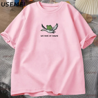 We Ride At Dawn T-Shirt Funny Frog and Goose Tee Casual Cotton Short Sleeve Round Neck Tshirt Streetwear Male Clothing Y2k