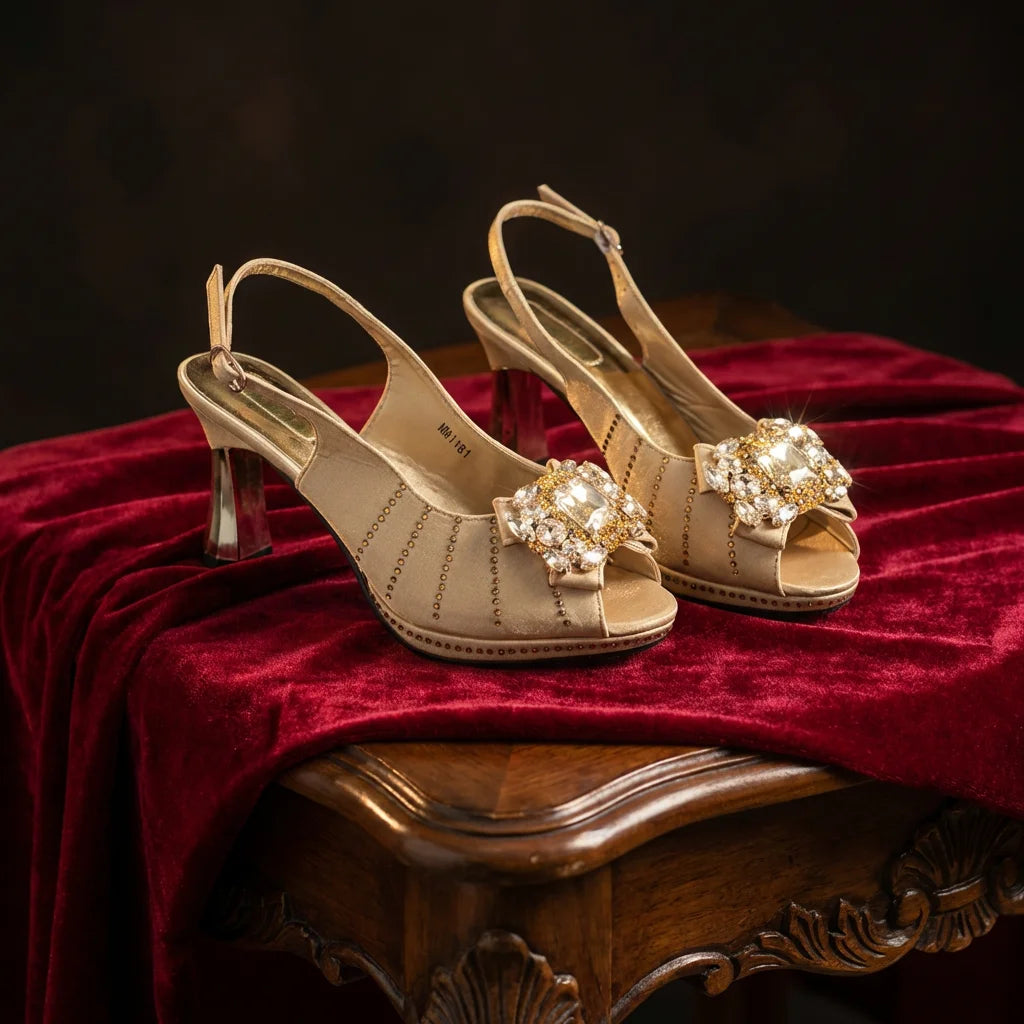 Brown Rhinestone Peep-Toe High Heel Sandals and Bag Set for Women –Elegant Italian Party Shoes Perfect for Wedding