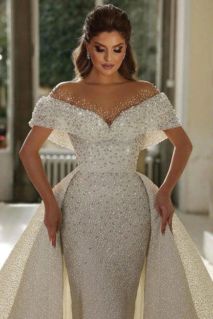Customzied Mermaid Luxury Wedding Dresses Sweetheart Off The Shoulder  Lace Detachable Train Robe  Vestidos De Novia