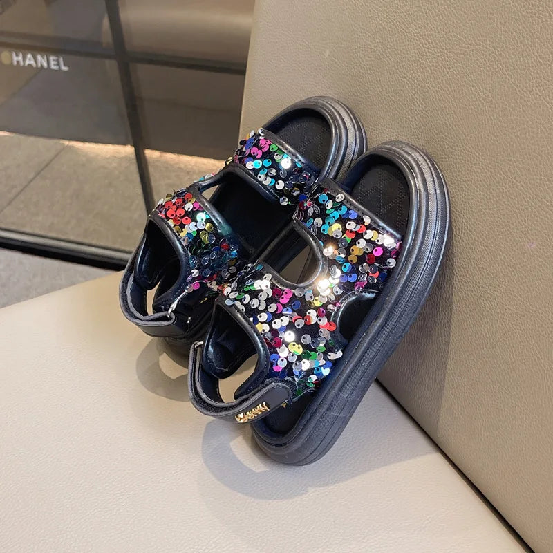 Summer Children's Sandals Sequins Thick Soled Girls Causal Princess Open-toe Sandals Fashion Non-slip Kids Beach Shoes Versatile