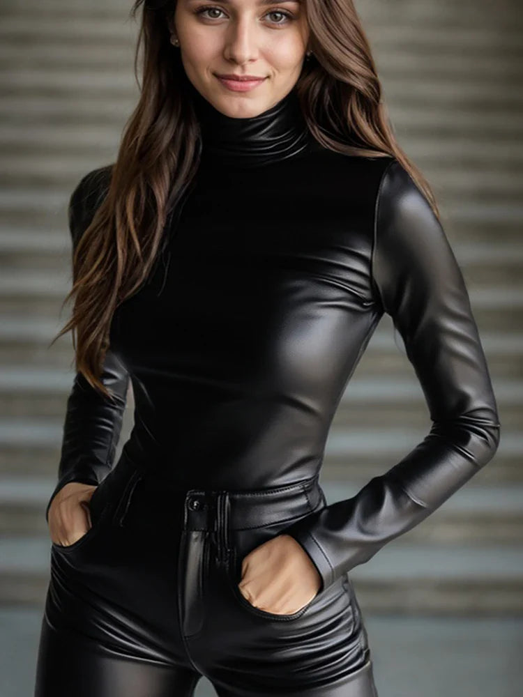 Women PU Leather T shirt Turtleneck Long Sleeve Skinny Solid High Street Gothic Casual Tee Tops 2025 Solid Streetwear Tops