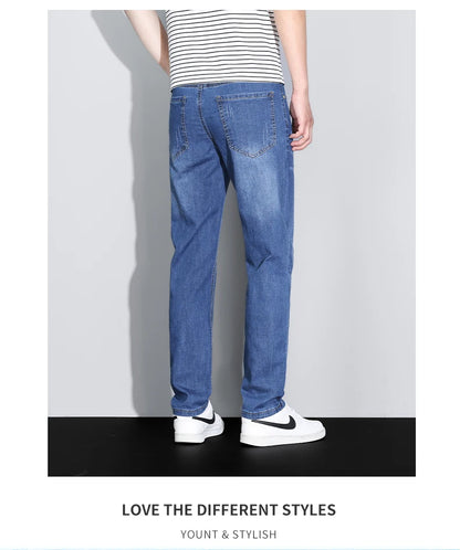 Men's Ice Silk Denim Cargo Pants Summer New Thin Business Casual Jeans Outdoor Y2K All Match Slim Fit Straight Elastic Jean Male