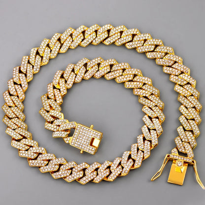 HipHop Men Women 14MM Prong Cuban Link Chain Necklace Bling Iced Out 2 Row Rhinestone Paved Miami Rhombus Cuban Necklace Jewelry