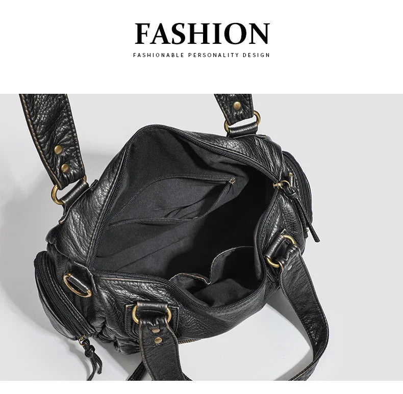 Y2K Hot Women's Punk Biker Tote Bag Large Capacity PU Leather Crossbody Purse with Multi Pockets for Work Commute Moto Style