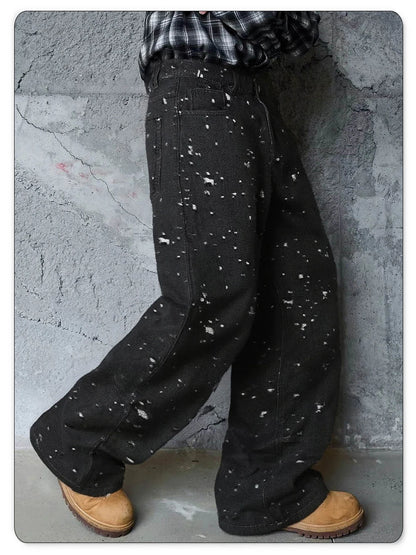Japanese-Korean Style Baggy Jacquard Wide-leg Jeans American Retro Distressed Crochet Fabric Wide-leg Denim Pants Unisex