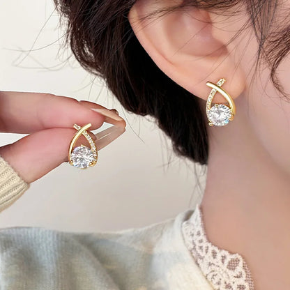 2024 New Fashion Gold Color Round Zircon Simple Drop Dangle Earrings for Women Charm Korean Hoop Jewelry Wedding Birthday Gift