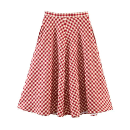 Women's Red Gingham A-Line Midi Skirt – High Waist, Flared Hem, Spring Casual Skirt for Picnic & Outdoor Outings