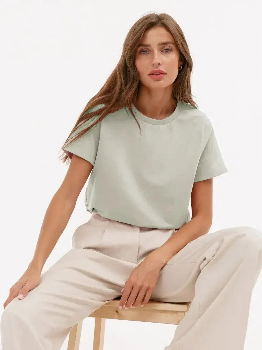 Summer 100% Cotton Women's T-shirt Bottoming Basic Fashionable Solid Lady Short Sleeve Loose Tops Shirts 230g/㎡ Tops