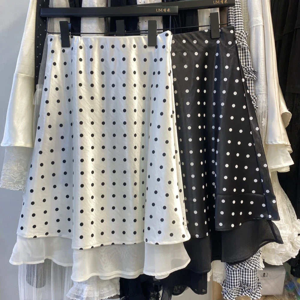 Elegant Satin Women Skirts Solid Zipper Faldas Mujer Ladies Double-layer Casual Chic Black White Dot Mini Skirt Korean Summer