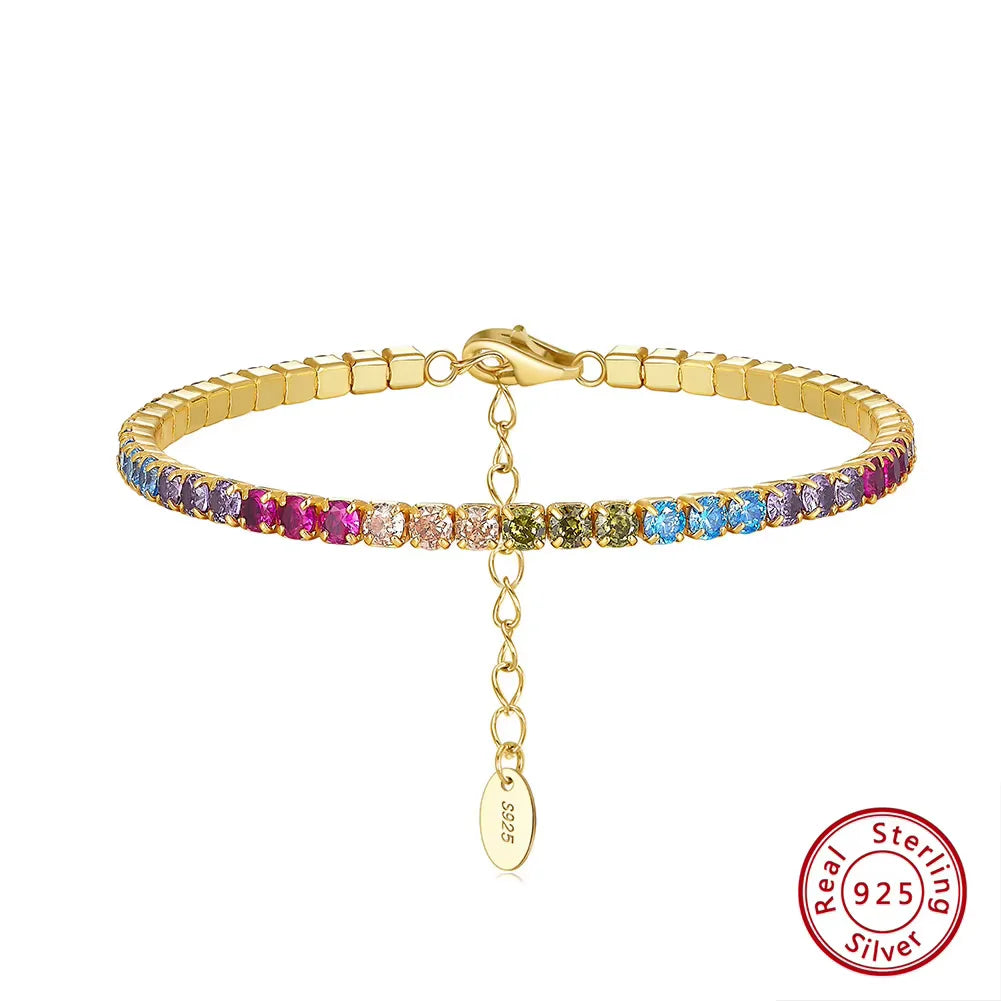 Fashion 3mm Bezel Setting Colorful 4A Cubic Zirconia Tennis 925 Sterling Silver Adjustable Bracelet for Women SB192