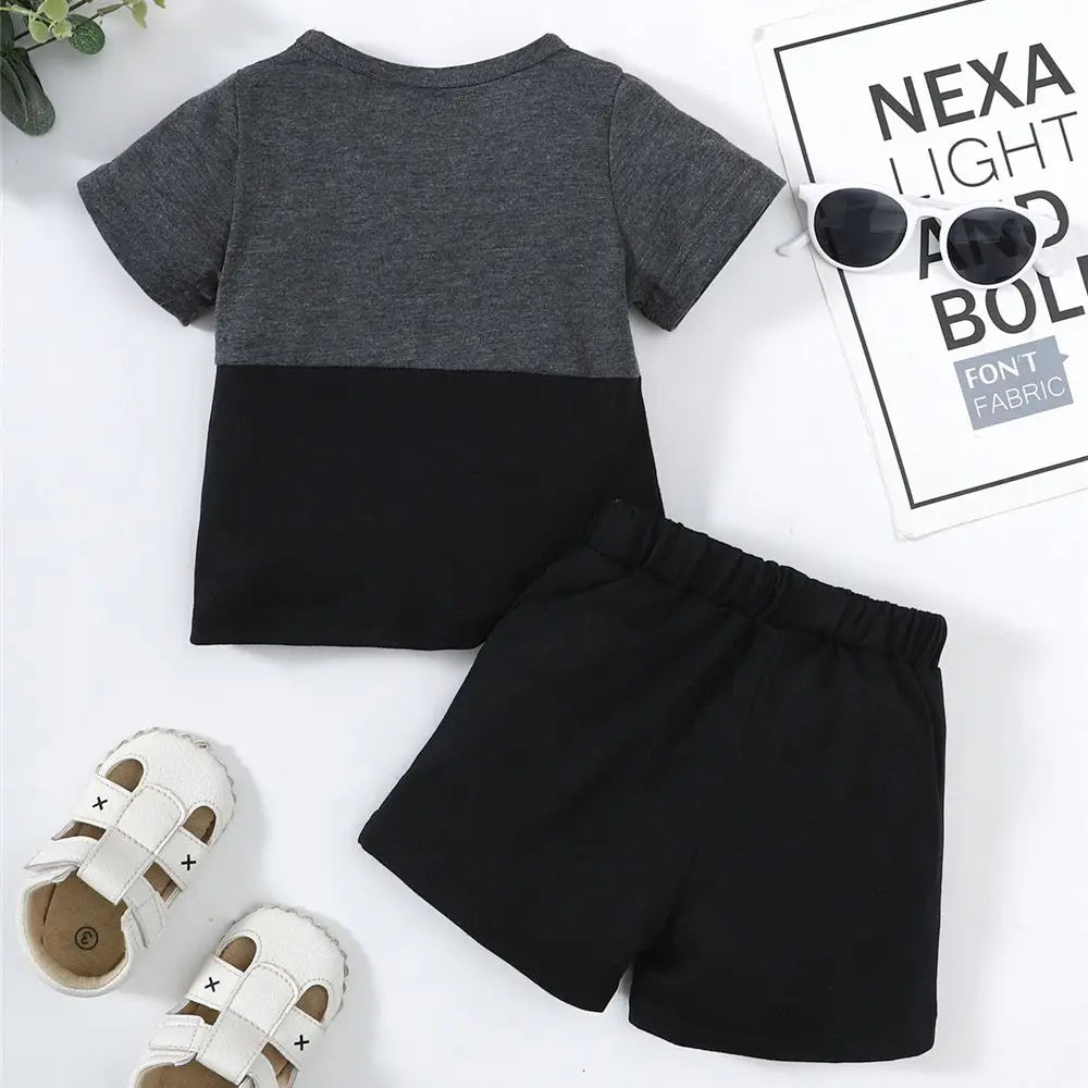 2PCS Summer Toddlers Boy Outfits Short Sleeve Pullover Color Block Top+Pants Fashion Casual Sports Set for Kids Boys 1-4 Years