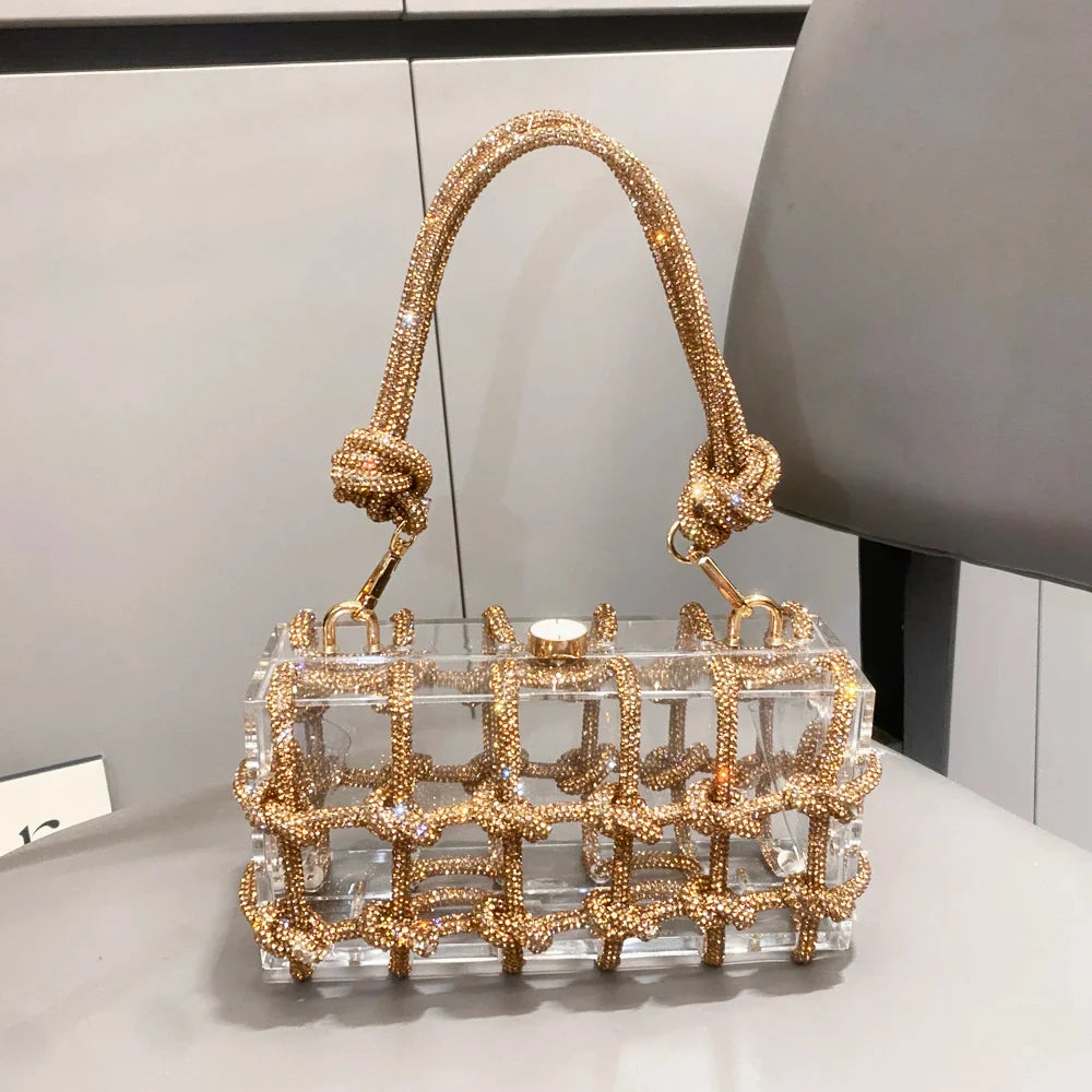 Bolsa de Noite com Alça e Strass Prateada de Cristal Feita à Mão para Mulheres, Bolsas e Bolsas de Mão de Designer de Luxo para Banquete