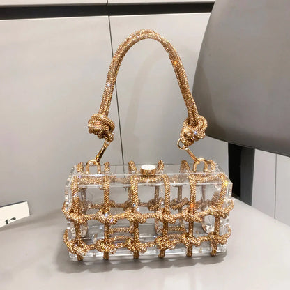 Bolsa de Noite com Alça e Strass Prateada de Cristal Feita à Mão para Mulheres, Bolsas e Bolsas de Mão de Designer de Luxo para Banquete