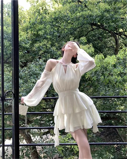 Dresses Women Hollow Out Design Chic Defined Waist Off-shoulder Ruffles Popular Long Sleeve Vestidos Gentle Sweet Spring Summer