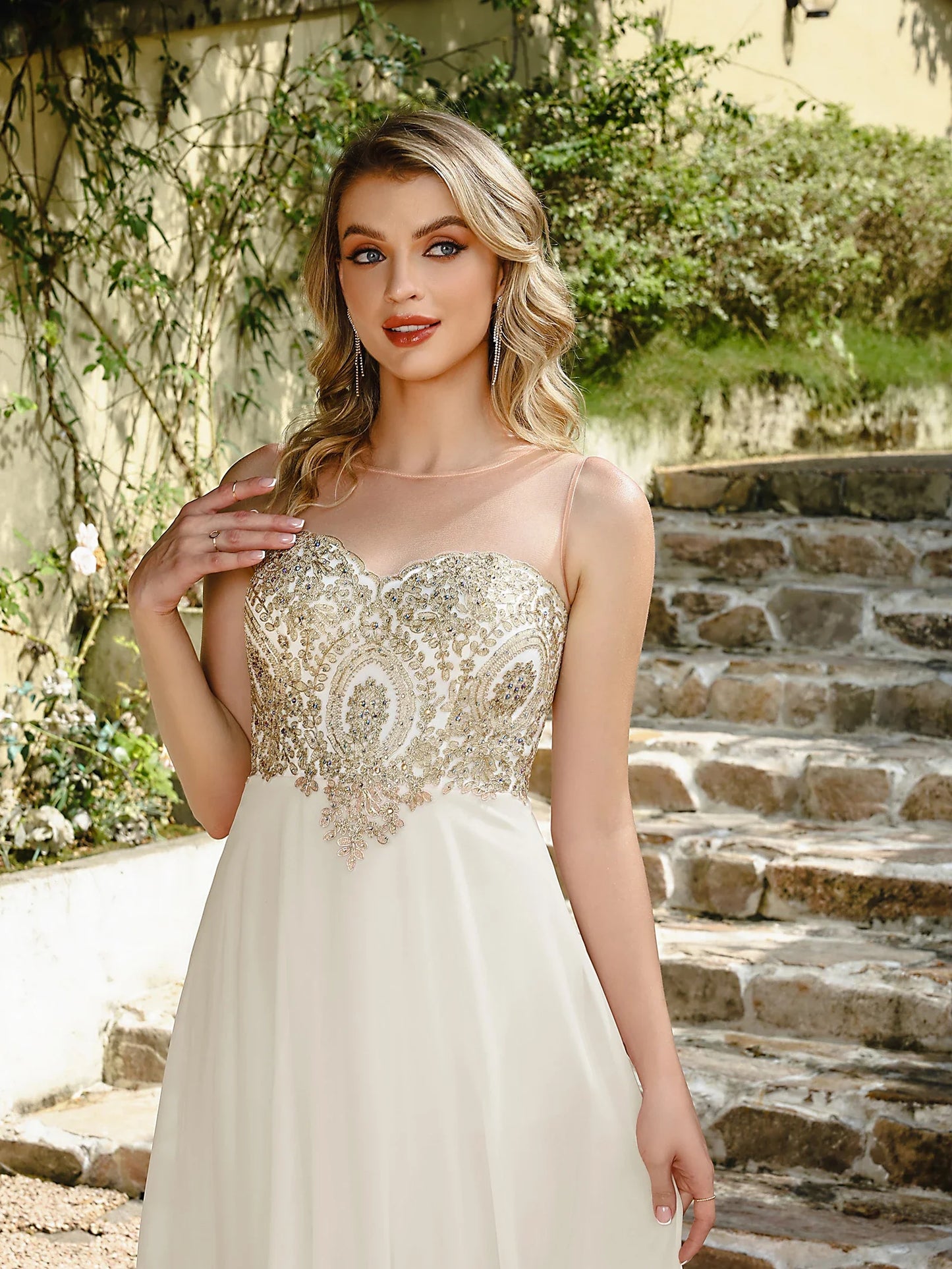 Elegant Sweetheart Prom Dress with Gold Embroidered Bodice & Flowing Chiffon Skirt for Homecoming & Formal Events