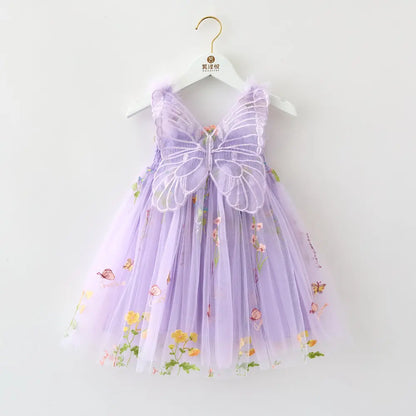 Girls Princess Dress with 3D Wings - Sparkle Tulle Sleeveless Gown, Fairy Puffy Party Dress for Birthday & Holiday