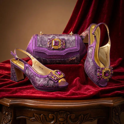 Italian Luxury Rhinestone Taro Royal Blue Open Toe High Heel Shoe And Bag Set for Women - Perfect for Parties Wedding