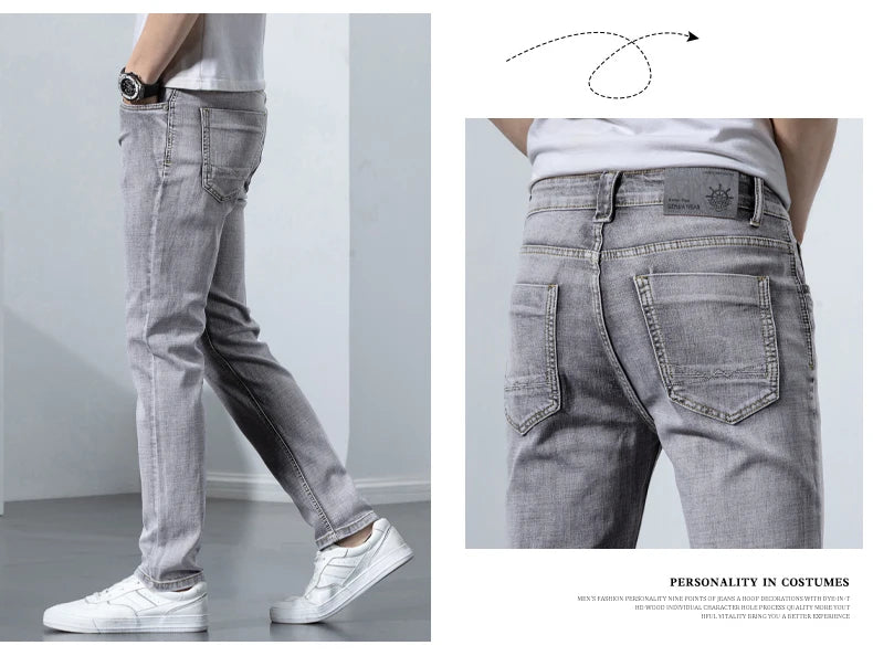 2022 Autumn Spring Fitted Straight Stretch Denim  Classic Style Badge Youth Men's Business Casual Jeans Trousers
