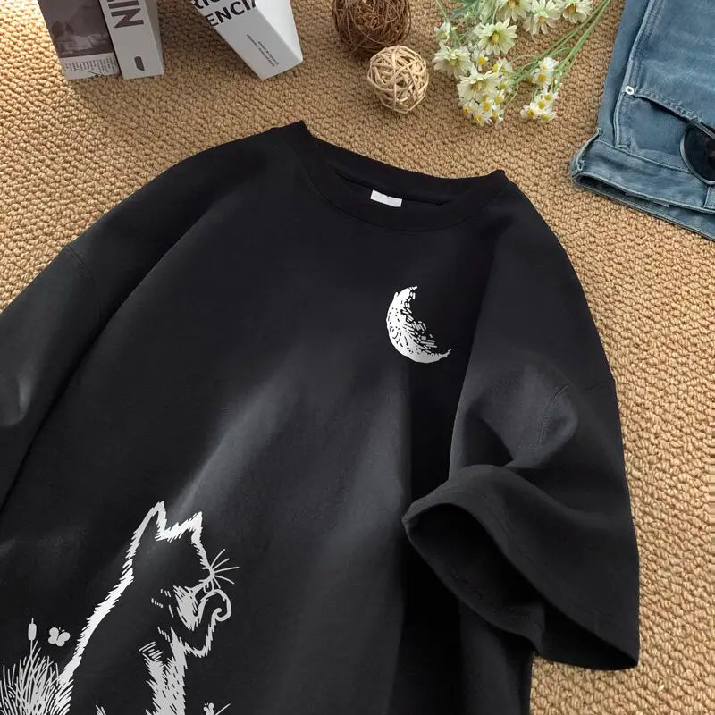Men's T-shirts Oversized White Big Size 5XL Cotton T Shirt for Men Casual Summer Wear Cat Moon Print Tee Shirts Men Clothing