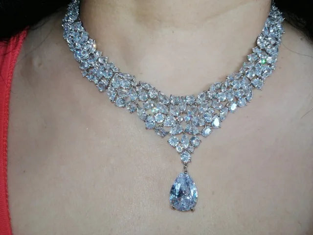 Conjuntos de joyería nupcial de lujo, Zirconia cúbica brillante, collar de boda, pendientes, accesorios para novias X0826