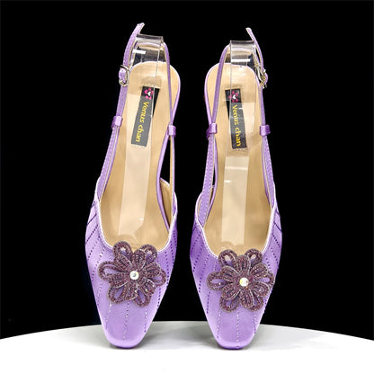 Party Shoes and Bag Ladies Heel Decoration Pure Elegant Flower Wedding Shoes and Bag Full Rhinestone Fashion Handbag
