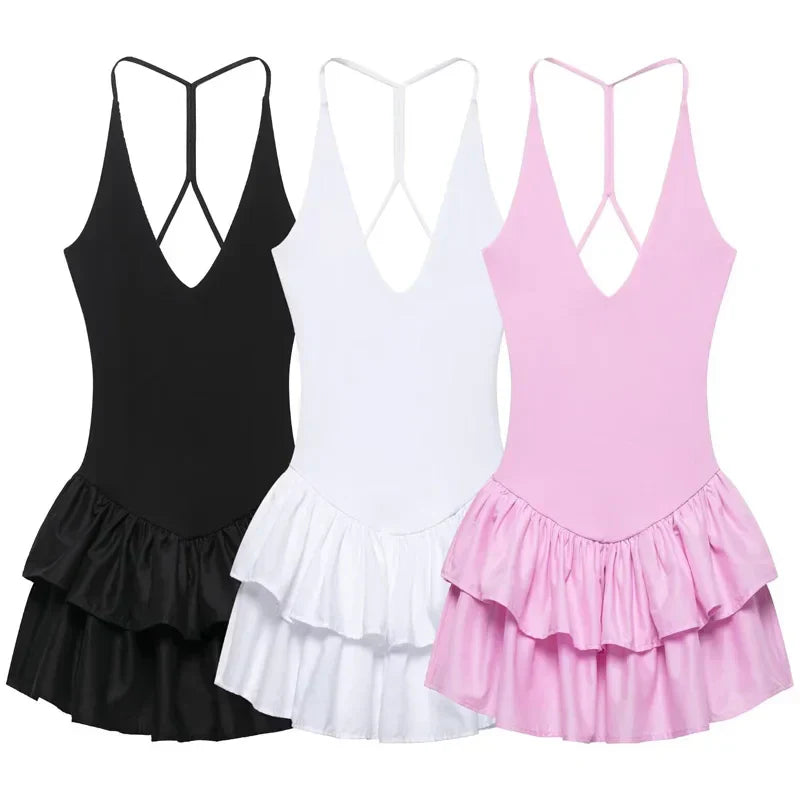 Womens Dresses Ruffled Halter Dress Summer Black Pink White Dress Mini Layered Backless Short Dresses Elegant Vestidos 066