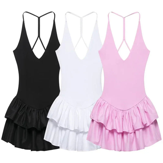 Womens Dresses Ruffled Halter Dress Summer Black Pink White Dress Mini Layered Backless Short Dresses Elegant Vestidos 066
