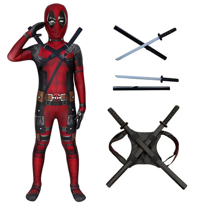 PU Sword Won‘t Break High Quality Deadpool Costume Kid Halloween Cosplay Costume Deadpool Suit Jumpsuit Deadpool Child Costume