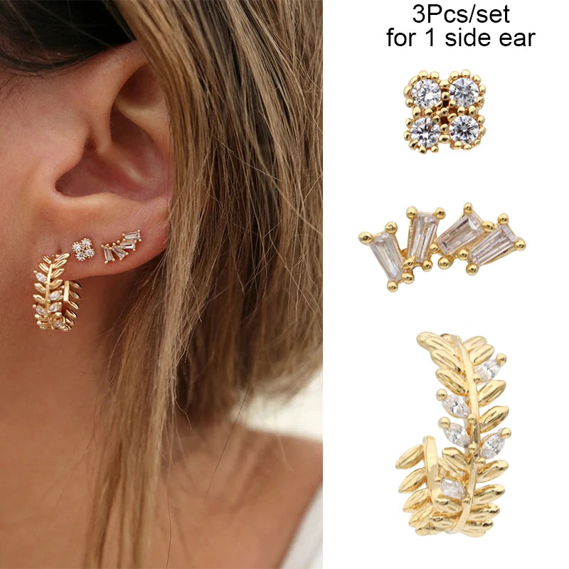 3PCs/set Earrings for 1 Ear Women gold color zirconia Classic Piercing Designer Earring set 2024 Women Jewelry Wholesale