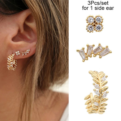 3PCs/set Earrings for 1 Ear Women gold color zirconia Classic Piercing Designer Earring set 2024 Women Jewelry Wholesale