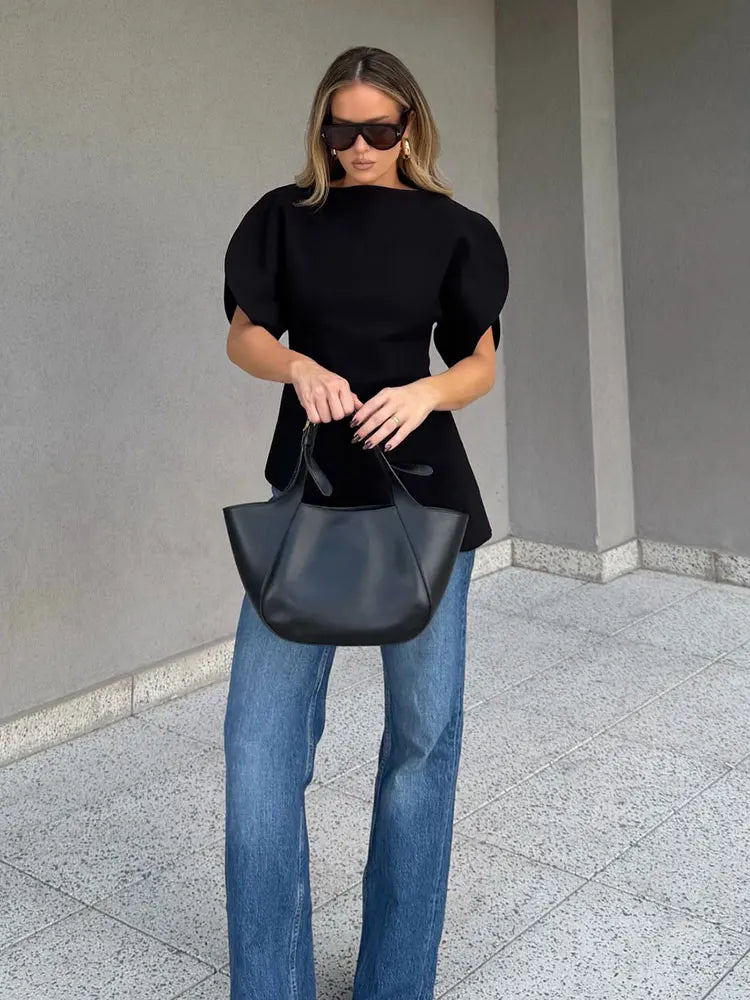 Spring Puff Sleeve Blouse For Women Casual O Neck Short Sleeve Shirts Summer Woman Fashion Solid Office Lady Chic Tops