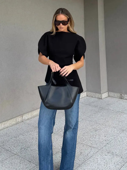 Spring Puff Sleeve Blouse For Women Casual O Neck Short Sleeve Shirts Summer Woman Fashion Solid Office Lady Chic Tops