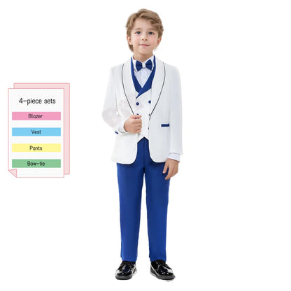 Classic White & Royal Blue Tuxedo Set for Boys 3-14 Yrs Communion Suit Jacket Vest Pants Bow Tie Elegant Shawl Collar Children