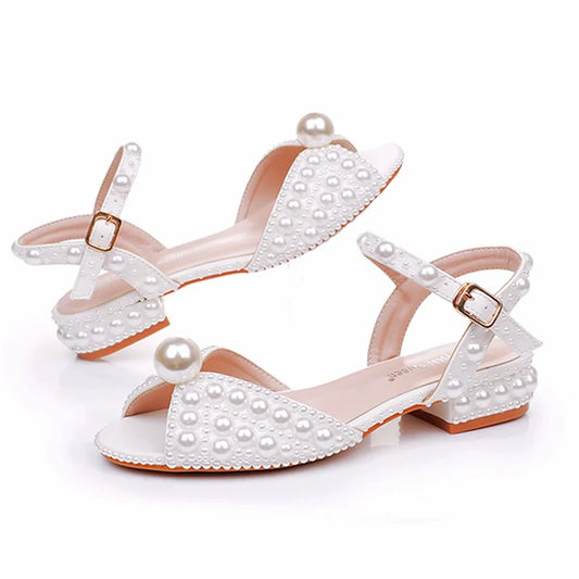 Summer new 2-cm square-heeled silk ribbon pearl rhinestone low-heeled wedding shoes beaded lace-up flat large-size women sandals