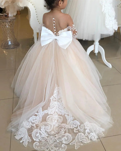 Children's First Communion Ball Gown Wedding Party Bridesmaid Dress Kids 3-9 Years Lace Tulle Flower Girl Dress Up Buttons Bows