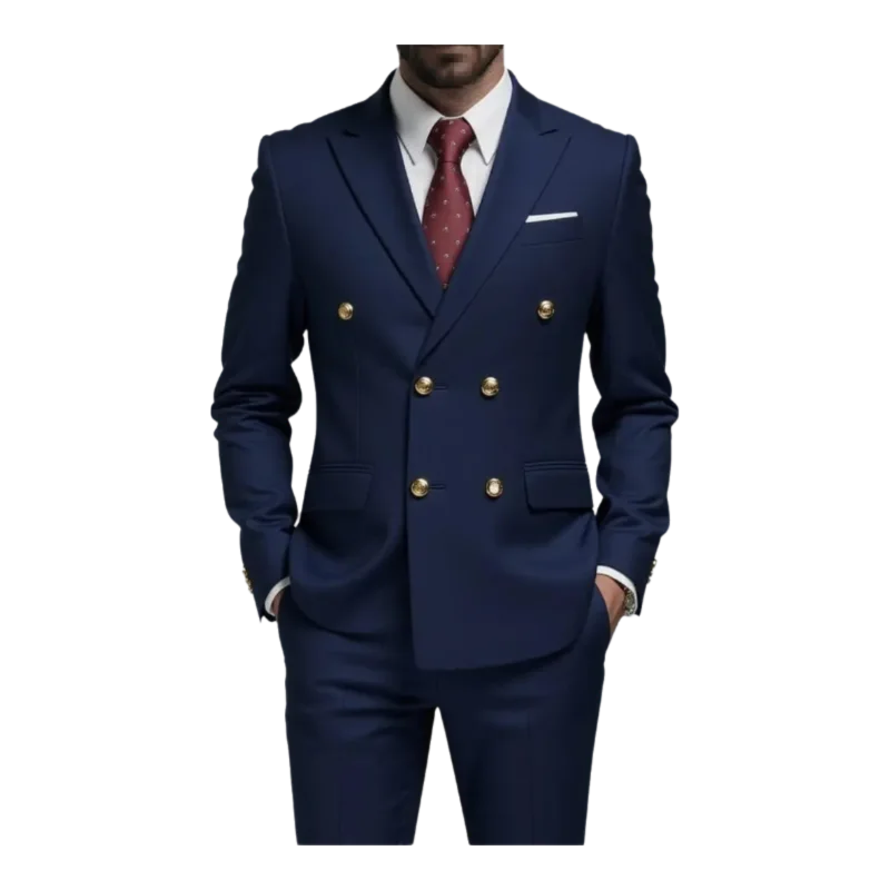 Navy Blue Double Breasted Men's Tuxedo with Gold Buttons High Quality Business Suit for Wedding Groom Party Prom