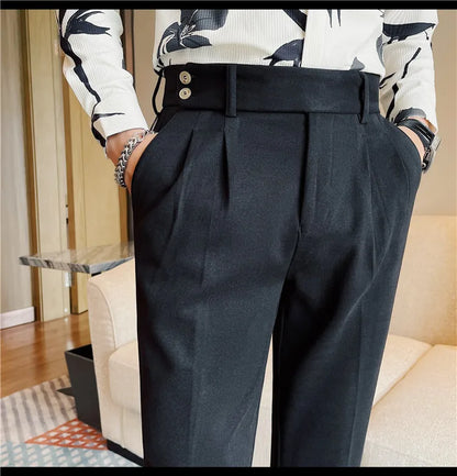 Men's Slim Fit Naples Business Casual Trousers Made of Autumn and Winter Wool, Thickened for Warmth, Classic Ankle-length Pants.
