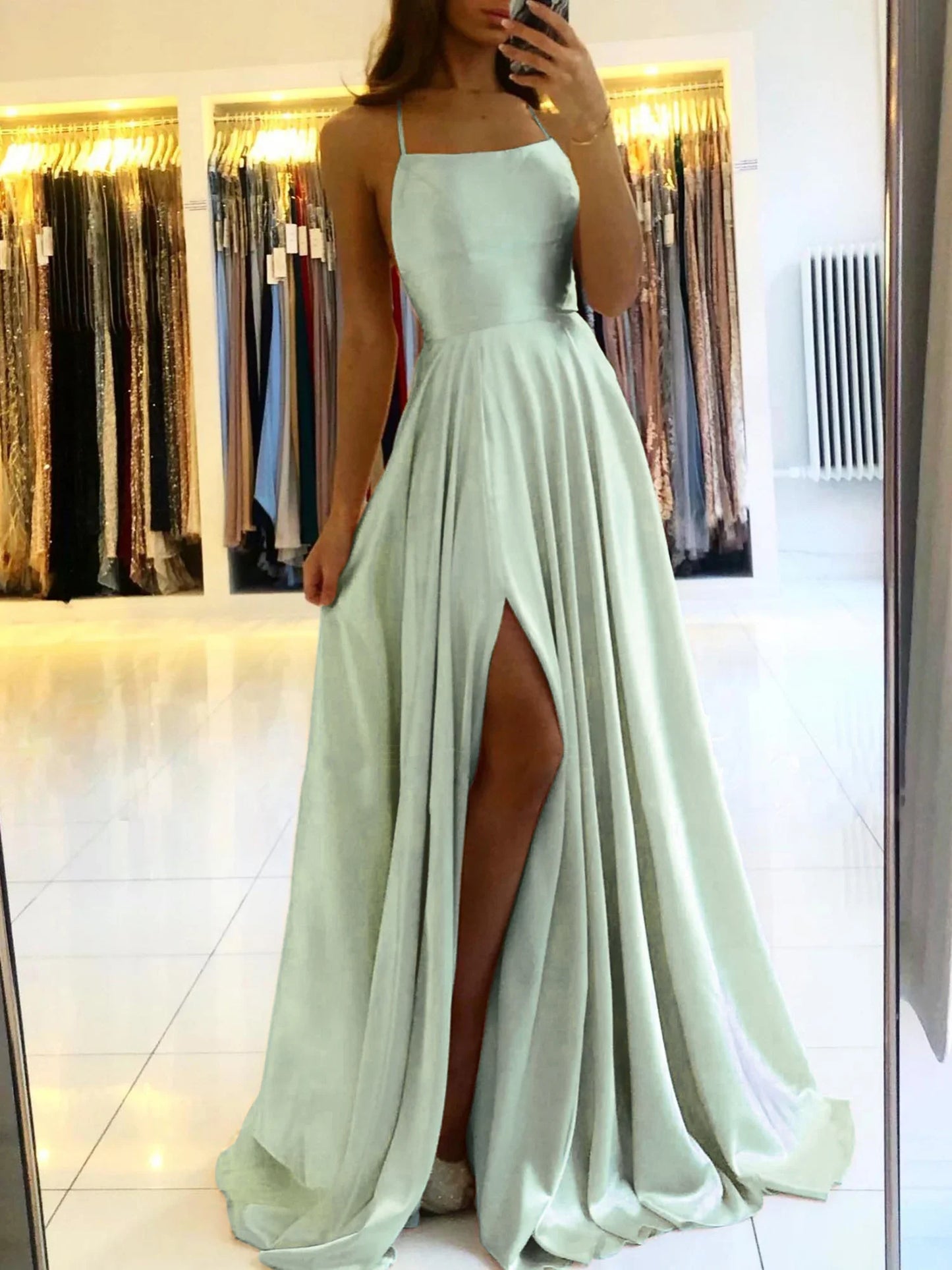 2025 Vestidos Longos de Cetim Verde Escuro para Madrinhas de Casamento com Alças Finas Fenda Sexy Decote nas Costas Maxi Vestidos de Noite Femininos