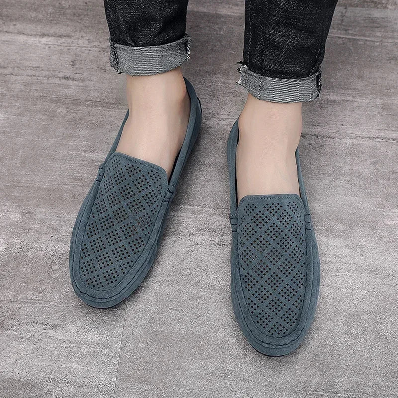 Summer Suede Men Casual Shoes Outdoor Breathable Lightweight Leather Mens Walking Shoes Anti Slip Lightweight Driving Shoes