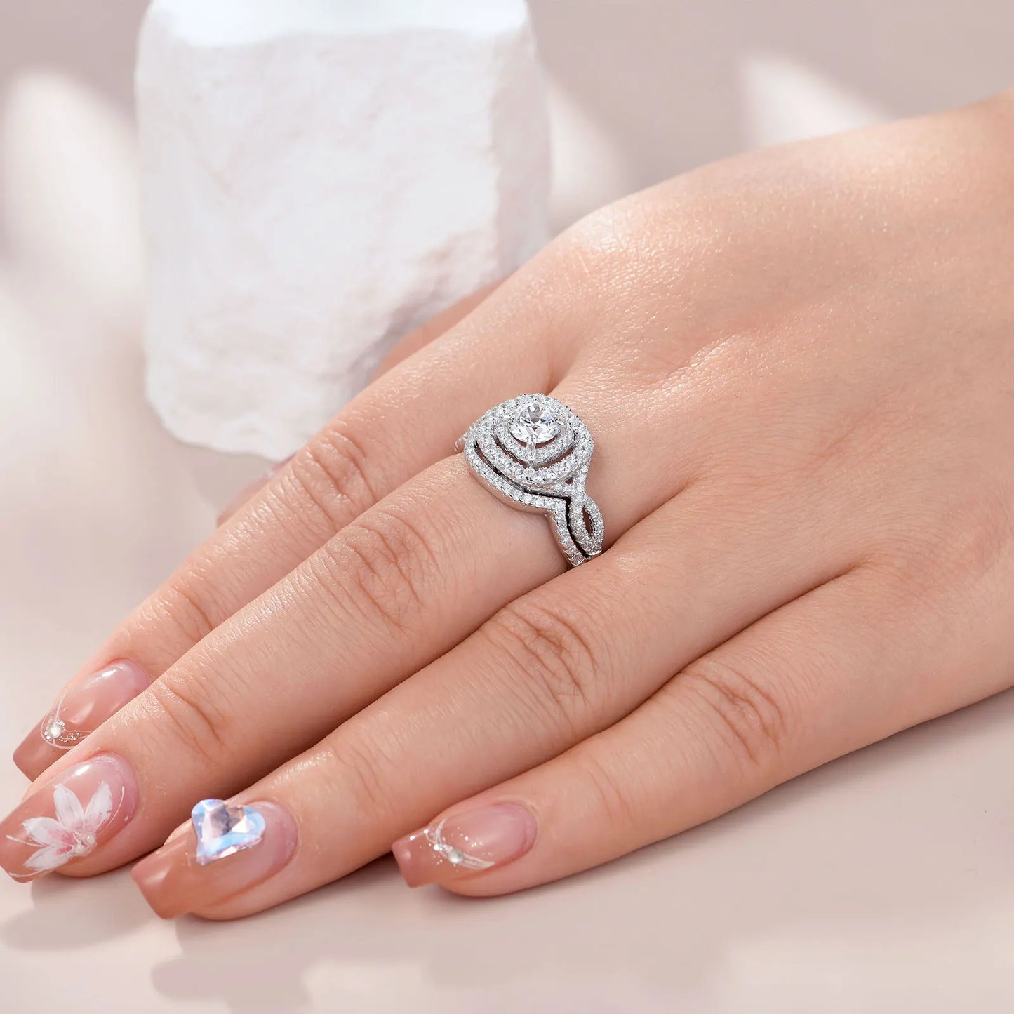 2Pcs Halo Round Cut Moissanite Wedding Ring Set for Women Solid 925 Sterling Silver Zircons Luxury Bridal Rings