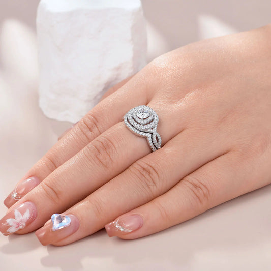 2Pcs Halo Round Cut Moissanite Wedding Ring Set for Women Solid 925 Sterling Silver Zircons Luxury Bridal Rings