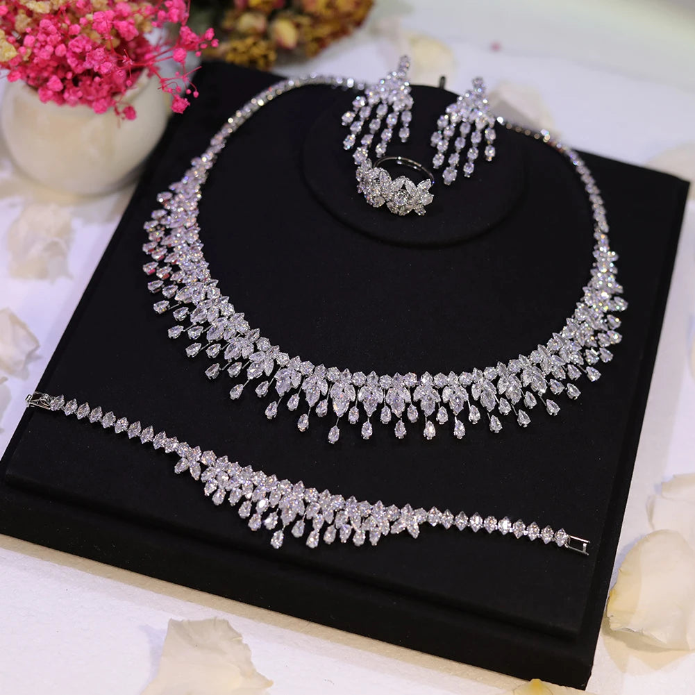Sparkling Bridal Necklace Luxury Full Zircon Jewelry Sets For Women Party, Luxury Dubai Nigeria Wedding Bridesmaids Accessories